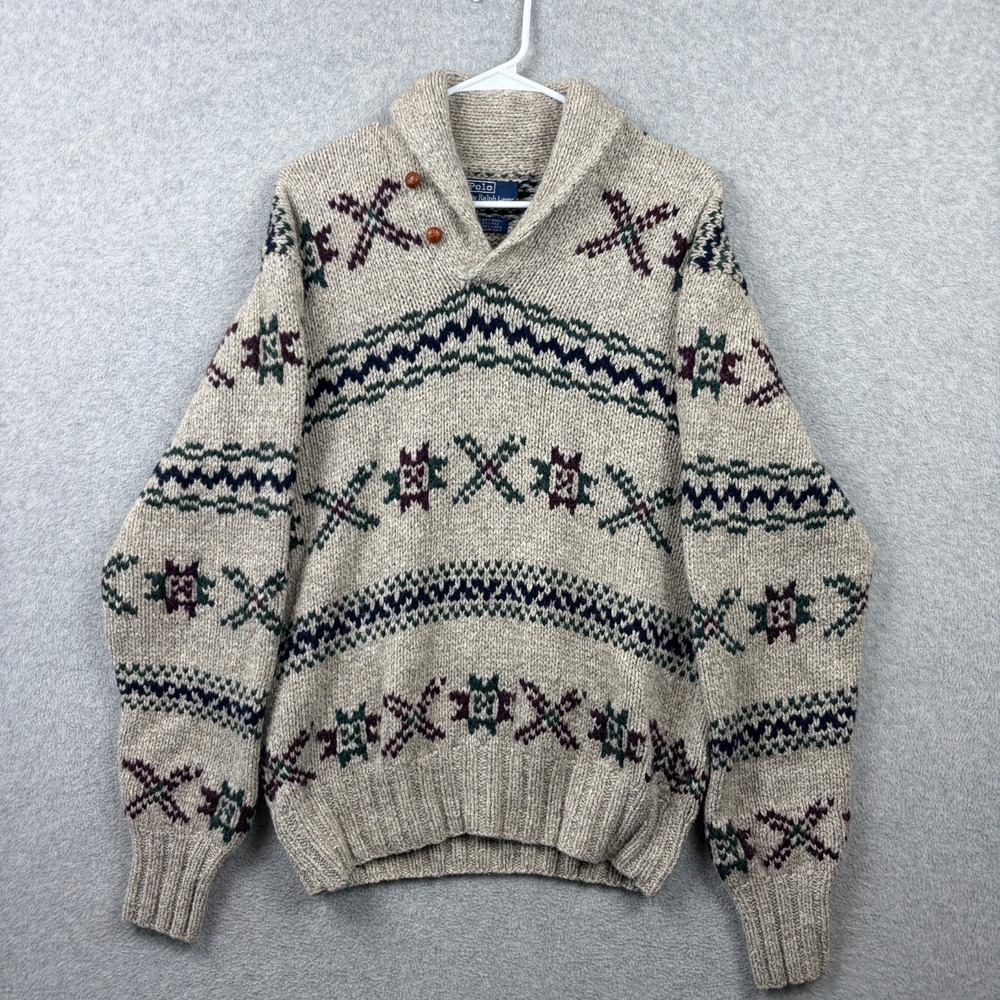 Vintage Polo Ralph Lauren Sweater Mens Medium Hand Knit Shawl Collar Fair Isle